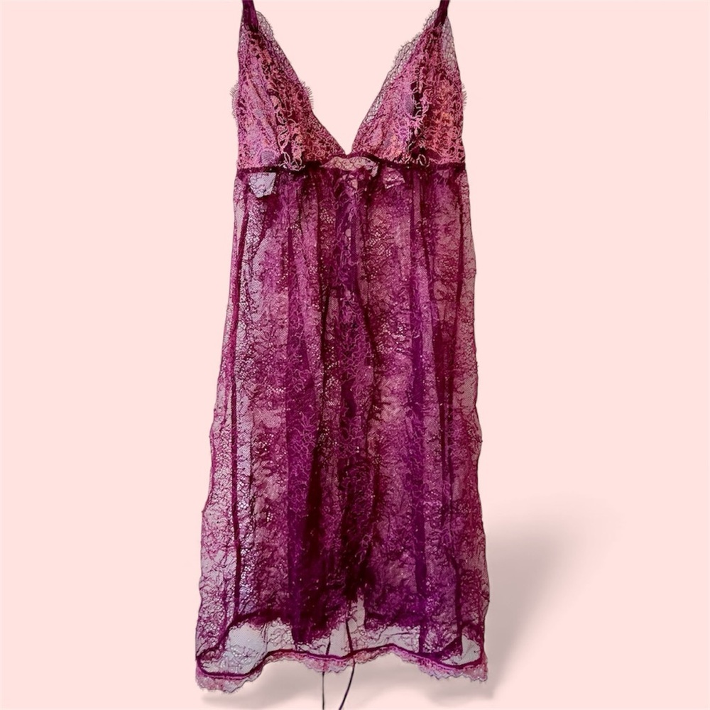 Victoria Secret Lingerie Size S Chemise Burgundy Lace Floral Tie Back Valentines